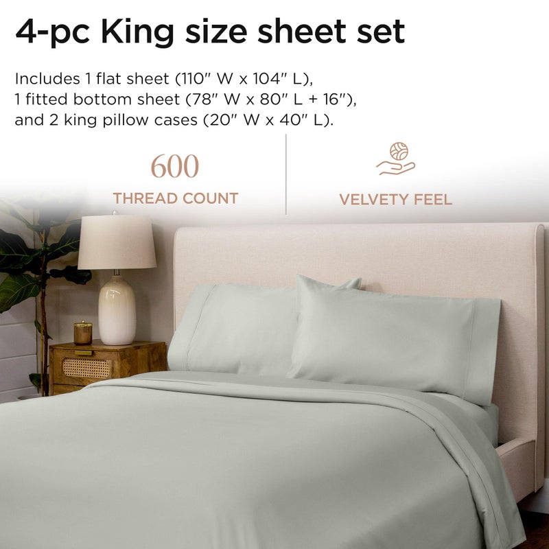 Threadmill 100% Cotton Sheets for King Size Bed - 600 Thread Count King Bed Sheets Set with 16â€ Deep Pocket - Sateen Weave 4-Piece Bedding Set with Cooling Effect, Light Grey - Image 2
